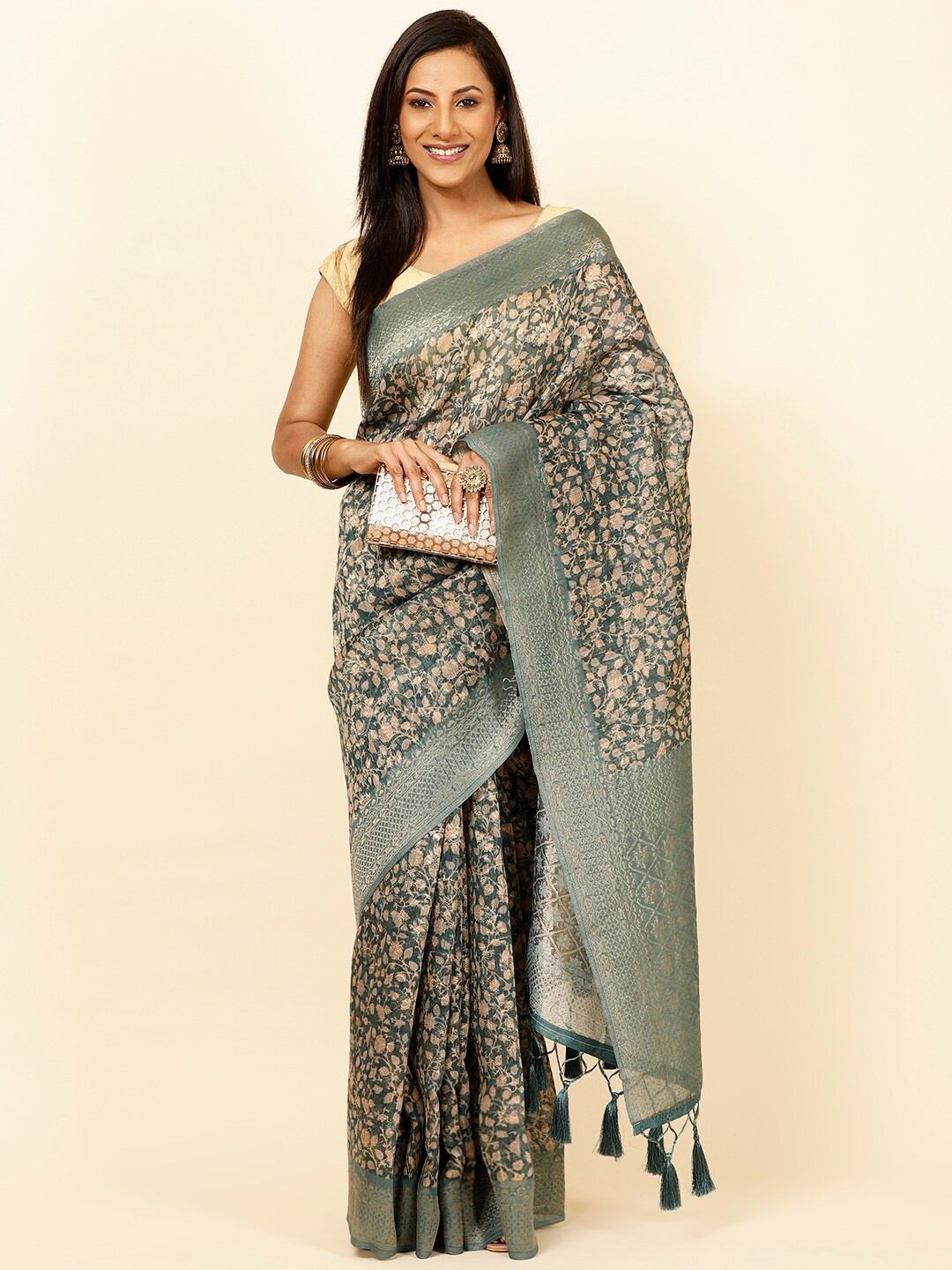 

Meena Bazaar Floral Printed Zari Saree, Green