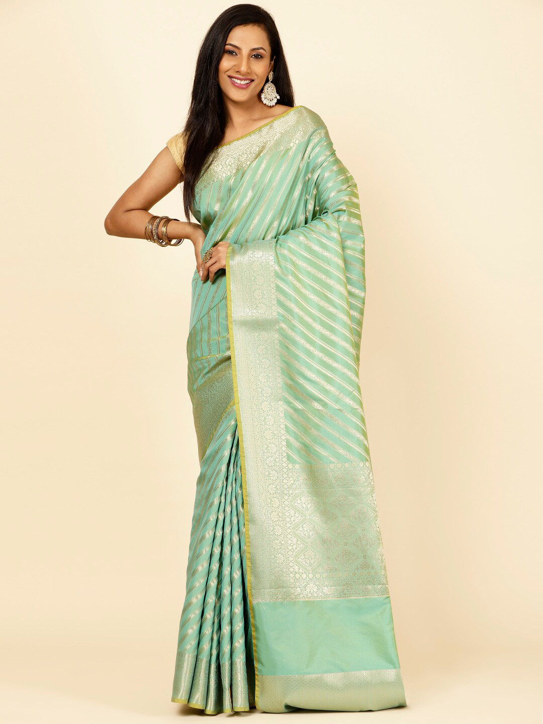 

Meena Bazaar Striped Woven Design Zari Banarasi Saree, Green