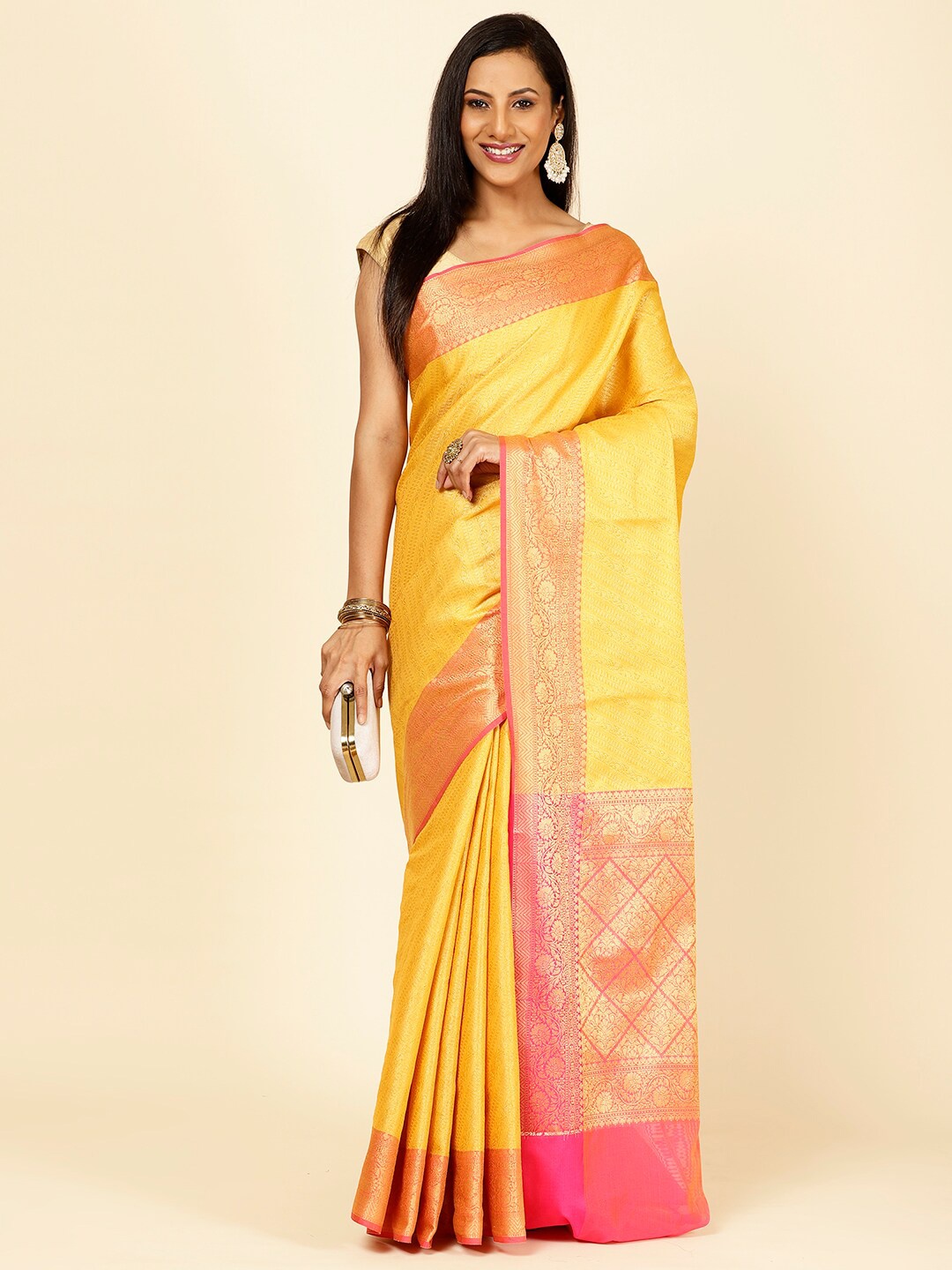 

Meena Bazaar Ethnic Motifs Woven Design Zari Art Silk Saree, Mustard