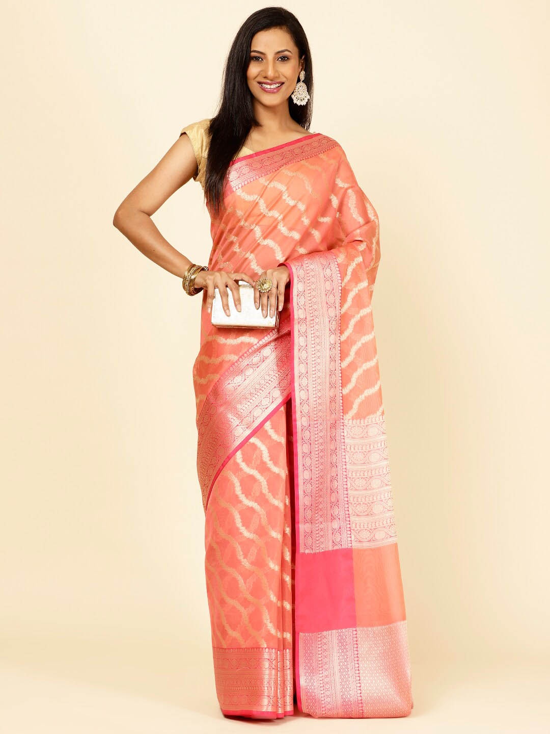

Meena Bazaar Floral Woven Design Zari Saree, Peach