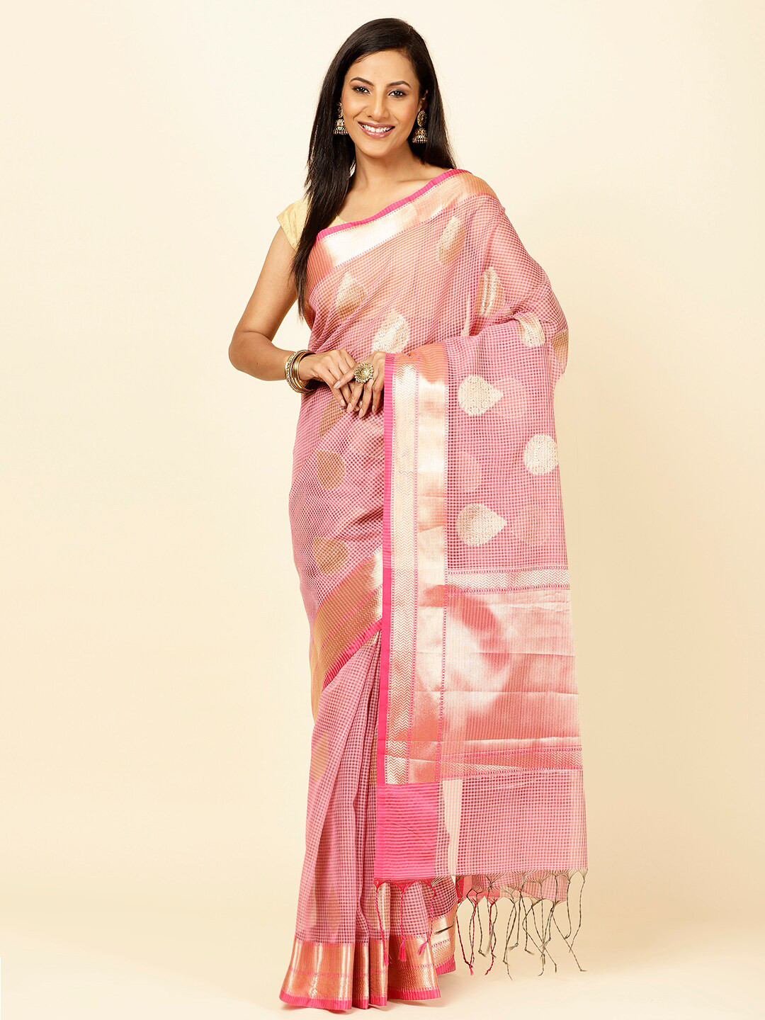 

Meena Bazaar Ethnic Motifs Woven Design Zari Saree, Pink