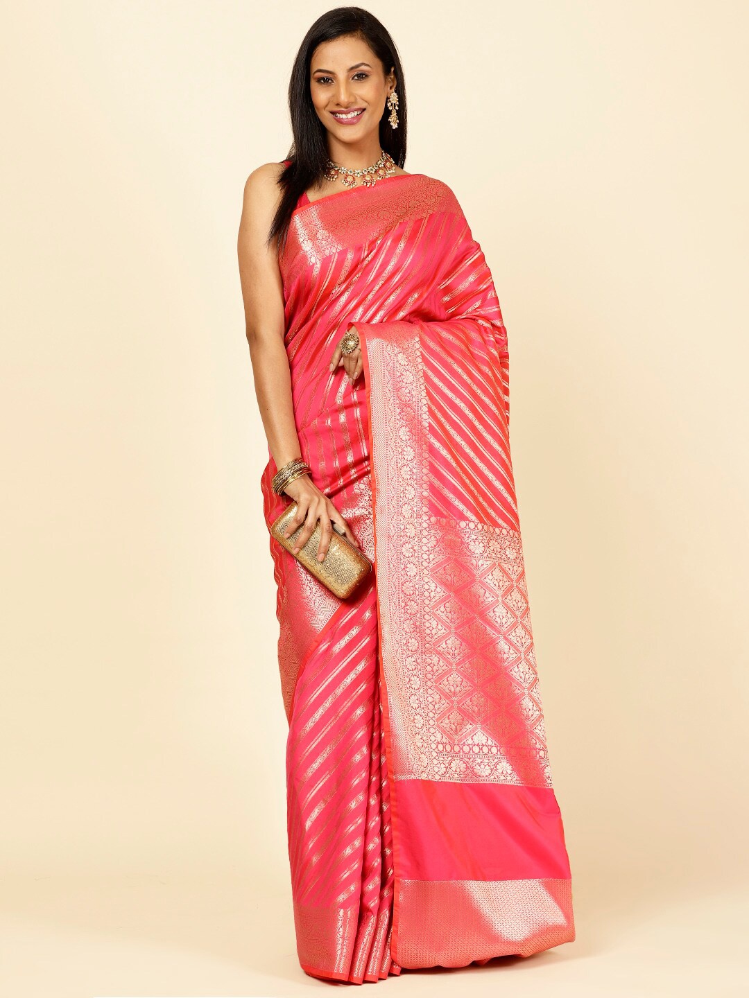 

Meena Bazaar Ethnic Motifs Woven Design Zari Art Silk Banarasi Saree, Pink