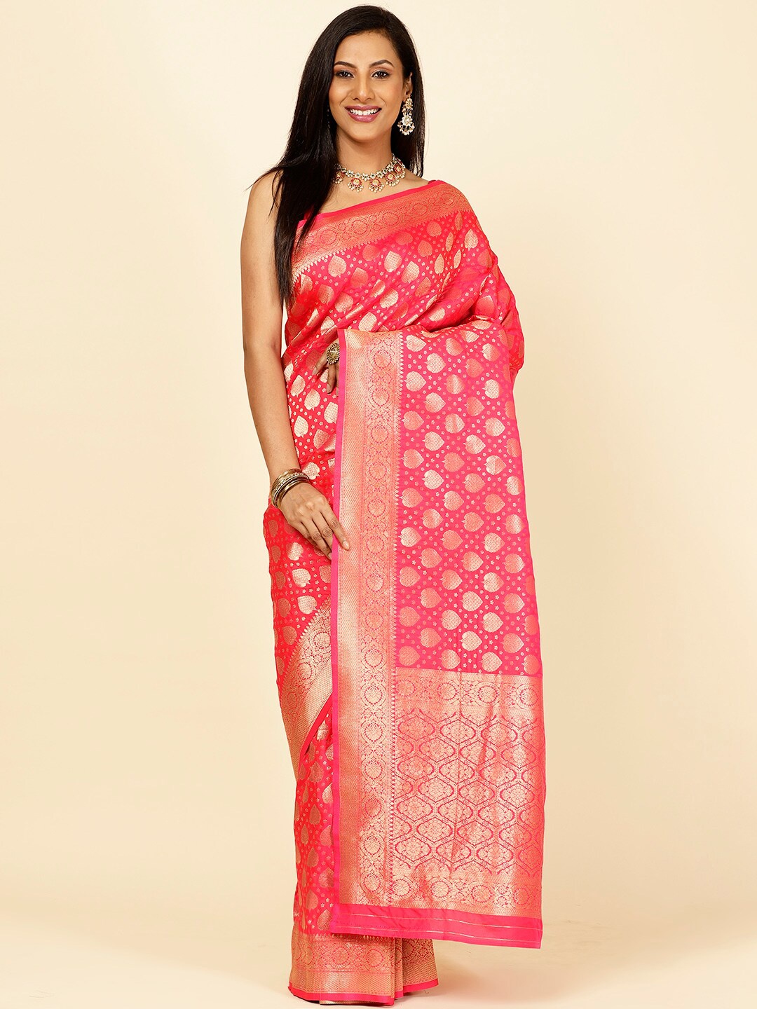 

Meena Bazaar Ethnic Motifs Woven Design Zari Banarasi Saree, Pink