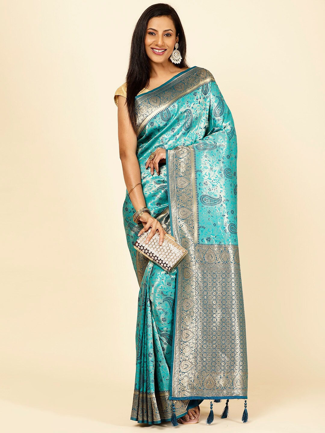 

Meena Bazaar Ethnic Motifs Woven Design Zari Banarasi Saree, Blue