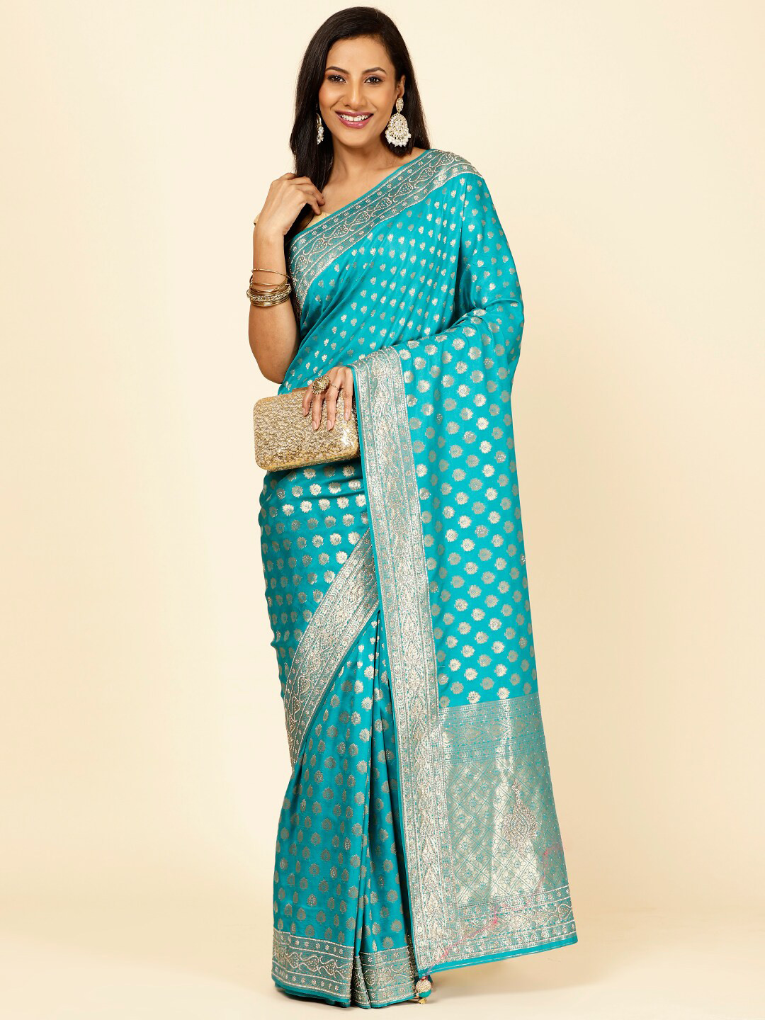

Meena Bazaar Ethnic Motifs Woven Design Zari Banarasi Saree, Sea green
