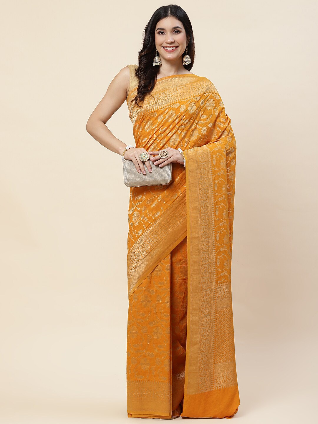 

Meena Bazaar Ethnic Motifs Woven Design Zari Tissue Tussar Saree, Mustard