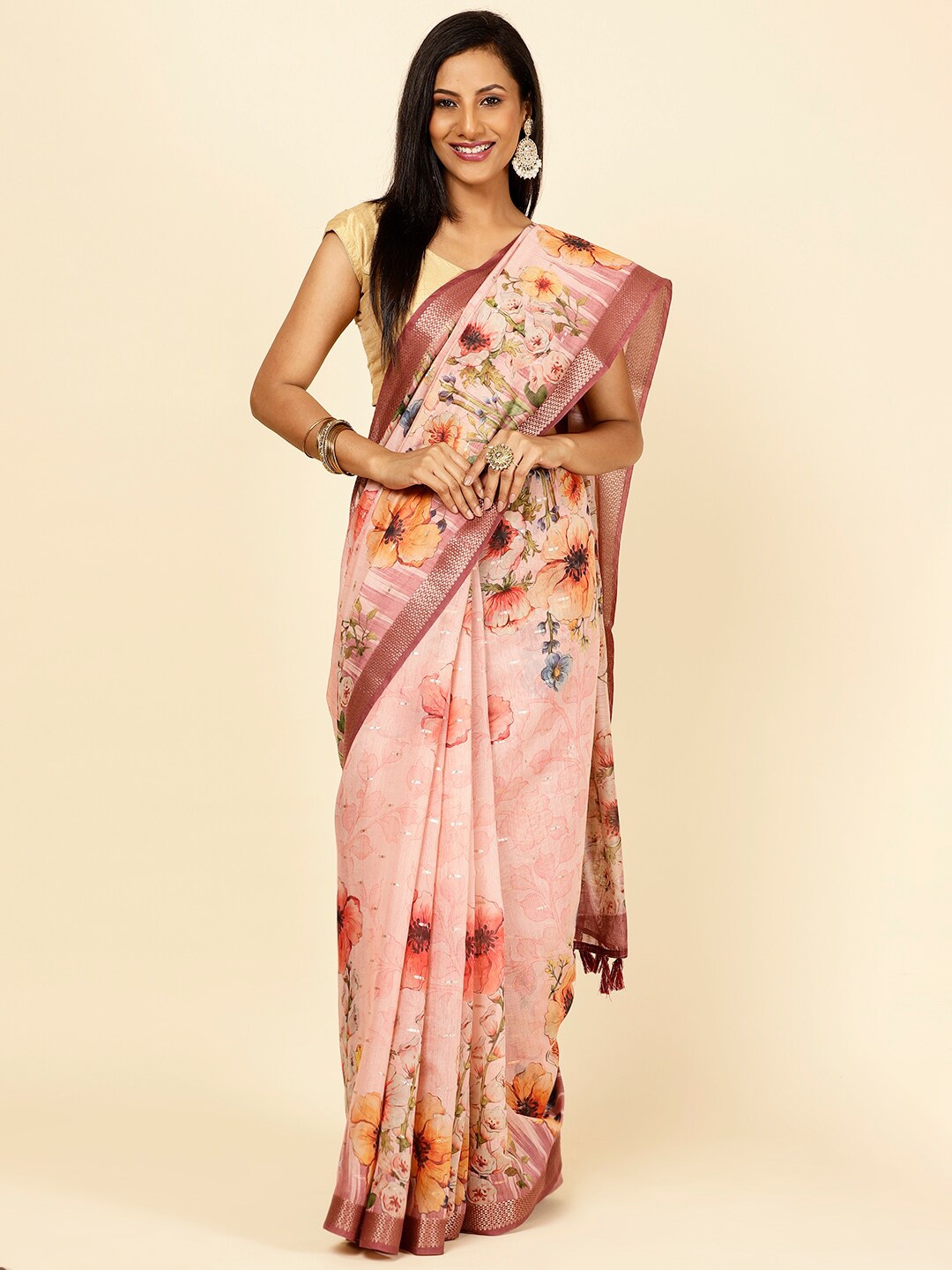 

Meena Bazaar Floral Printed Zari Saree, Peach