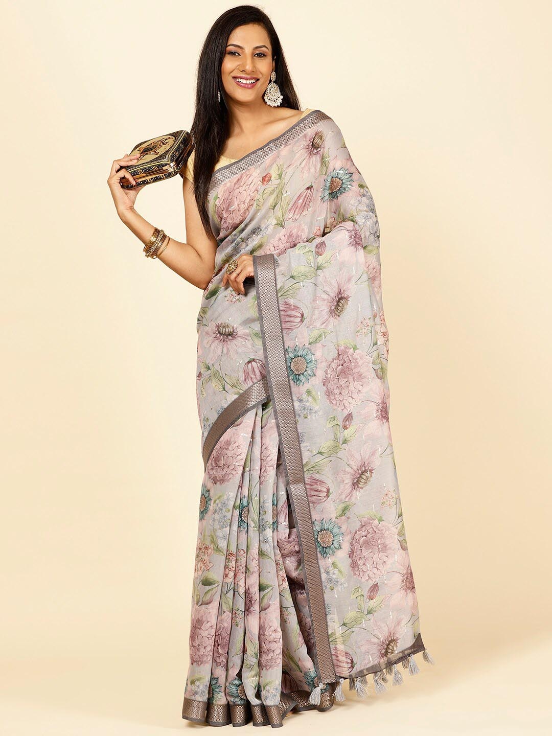 

Meena Bazaar Floral Printed Zari Saree, Grey