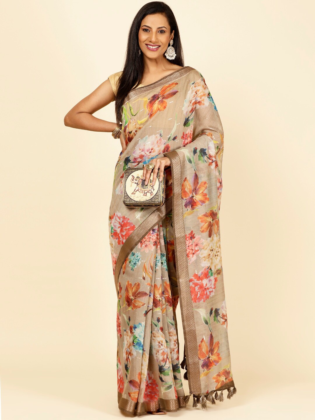 

Meena Bazaar Floral Printed Zari Saree, Beige