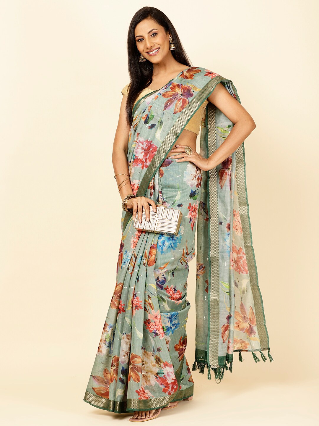 

Meena Bazaar Floral Printed Zari Saree, Sea green