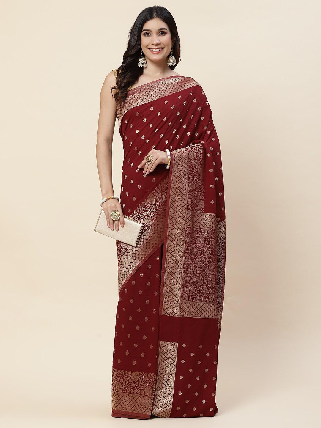 

Meena Bazaar Ethnic Motifs Woven Design Zari Tissue Tussar Saree, Maroon