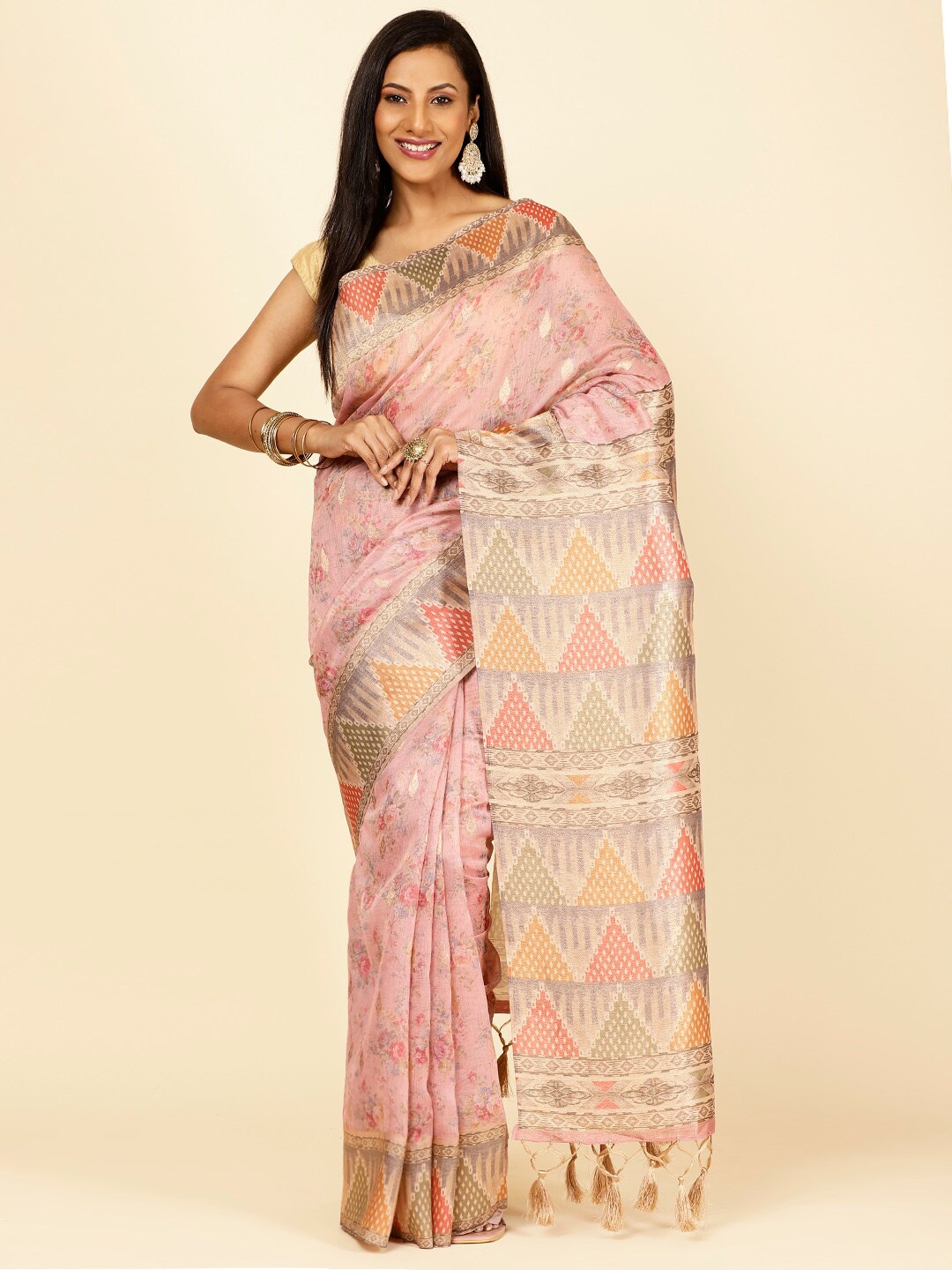 

Meena Bazaar Floral Printed Saree, Pink