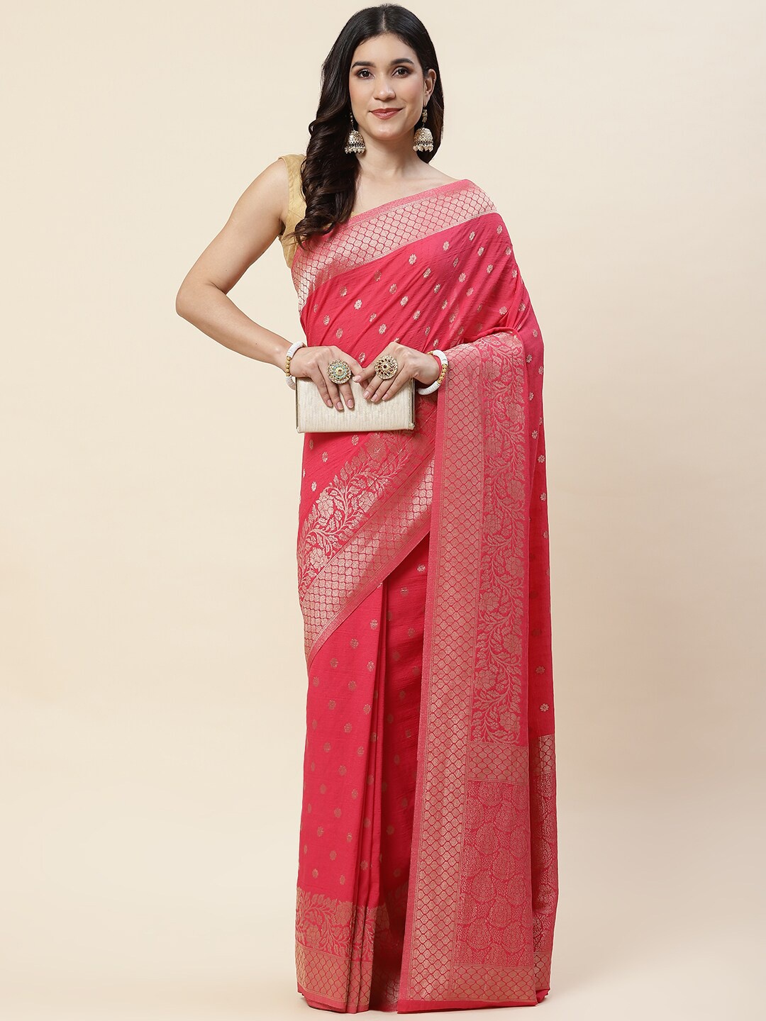 

Meena Bazaar Ethnic Motifs Woven Design Zari Tissue Tussar Saree, Pink