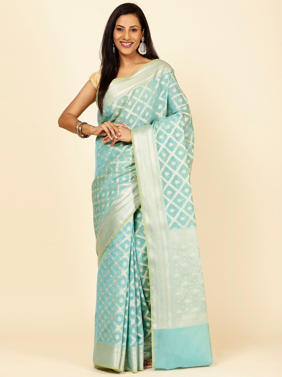 

Meena Bazaar Ethnic Motifs Woven Design Zari Saree, Sea green