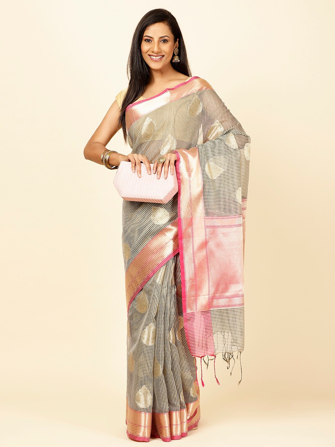 

Meena Bazaar Ethnic Motifs Woven Design Zari Saree, Black