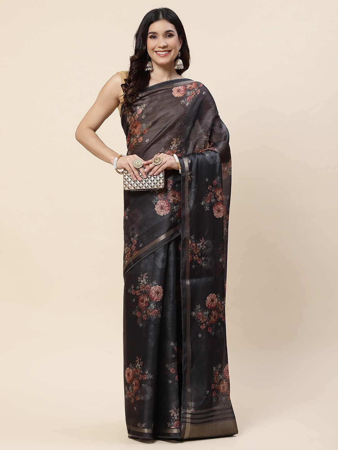 

Meena Bazaar Floral Printed Zari Saree, Black
