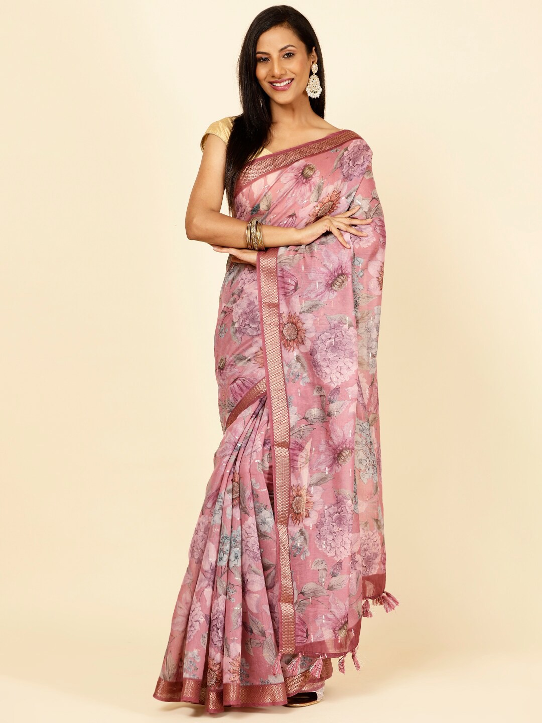

Meena Bazaar Floral Printed Zari Saree, Pink