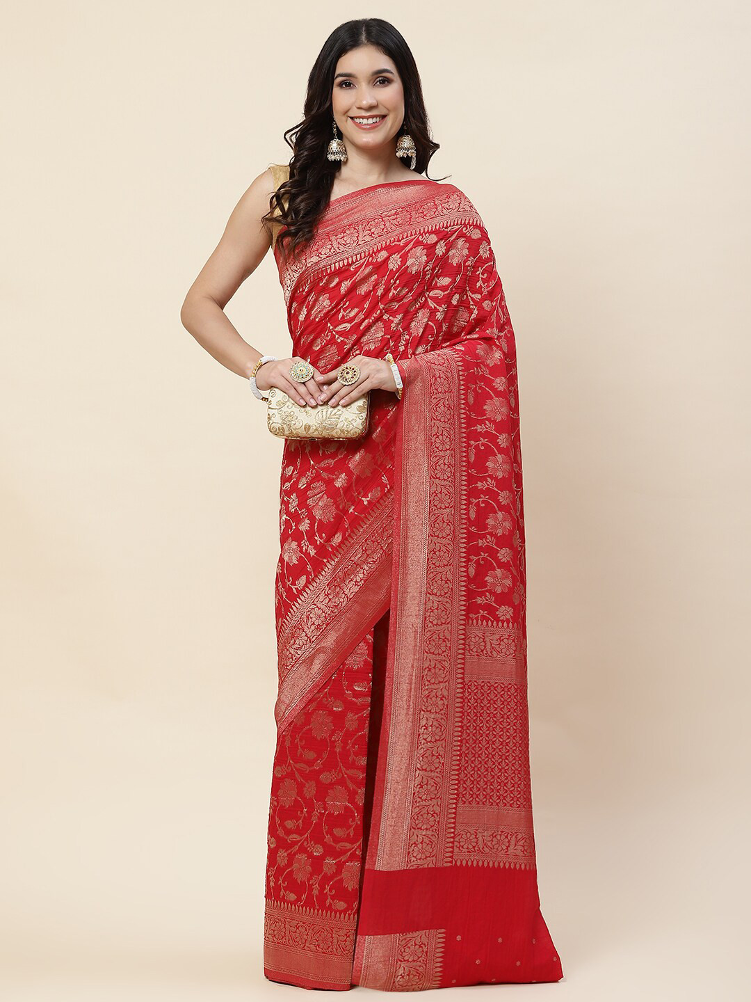 

Meena Bazaar Ethnic Motifs Woven Design Zari Tissue Tussar Saree, Red