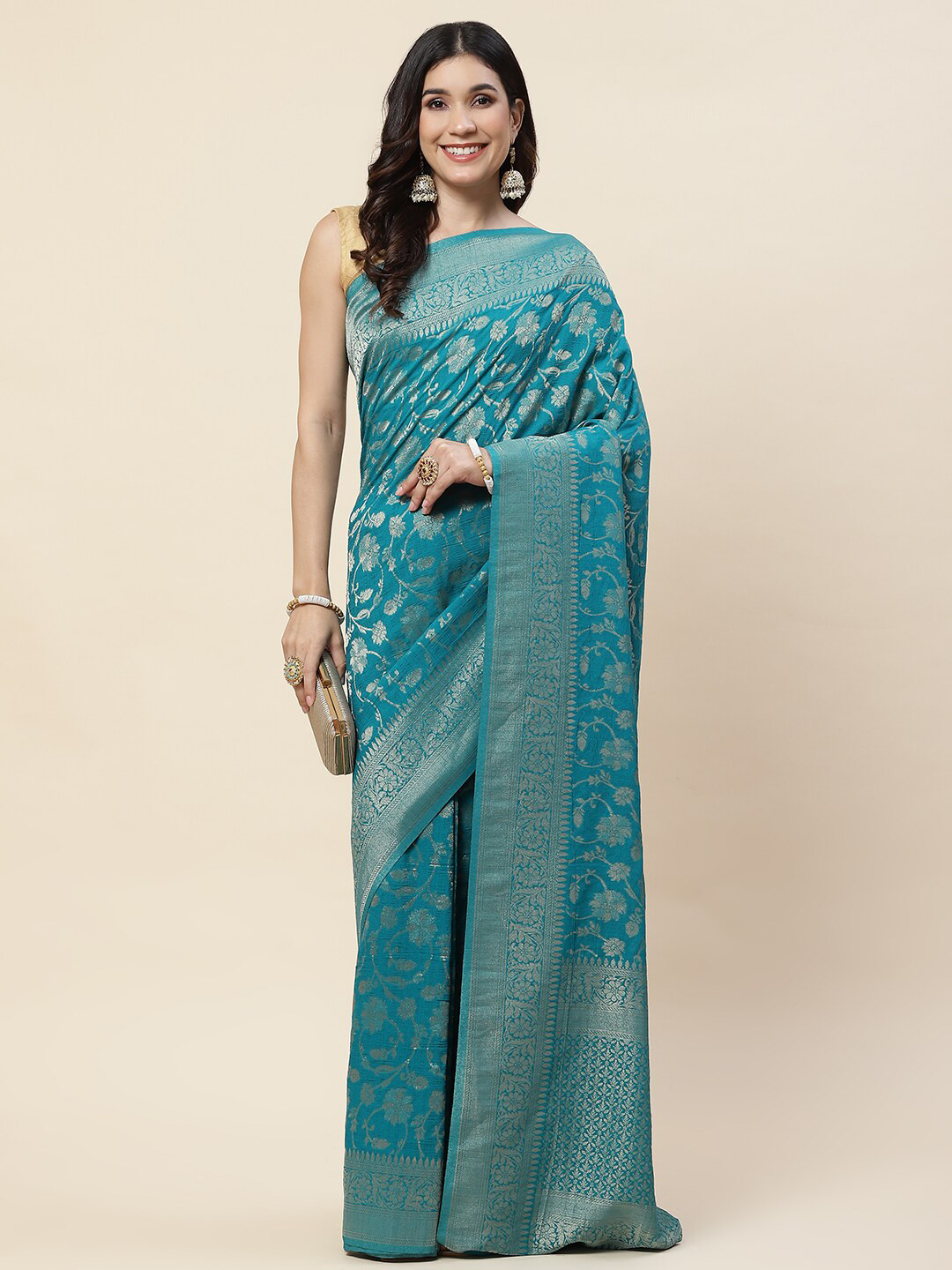 

Meena Bazaar Floral Woven Design Zari Tissue Tussar Saree, Blue