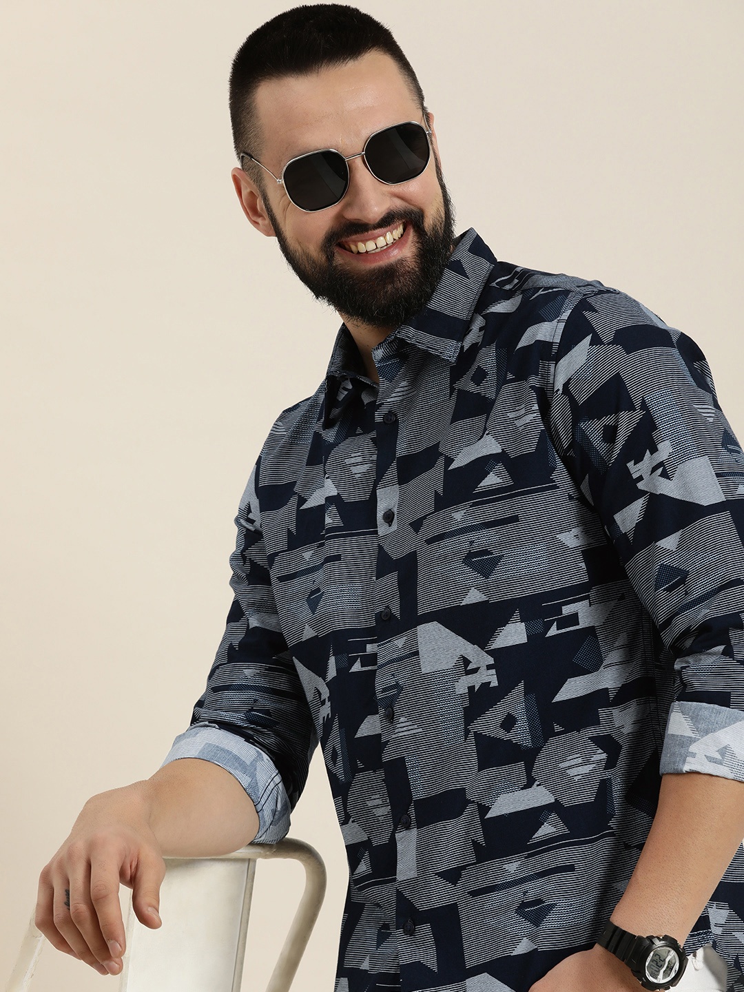 

HERE&NOW Men Navy Blue Slim Fit Opaque Printed Casual Shirt