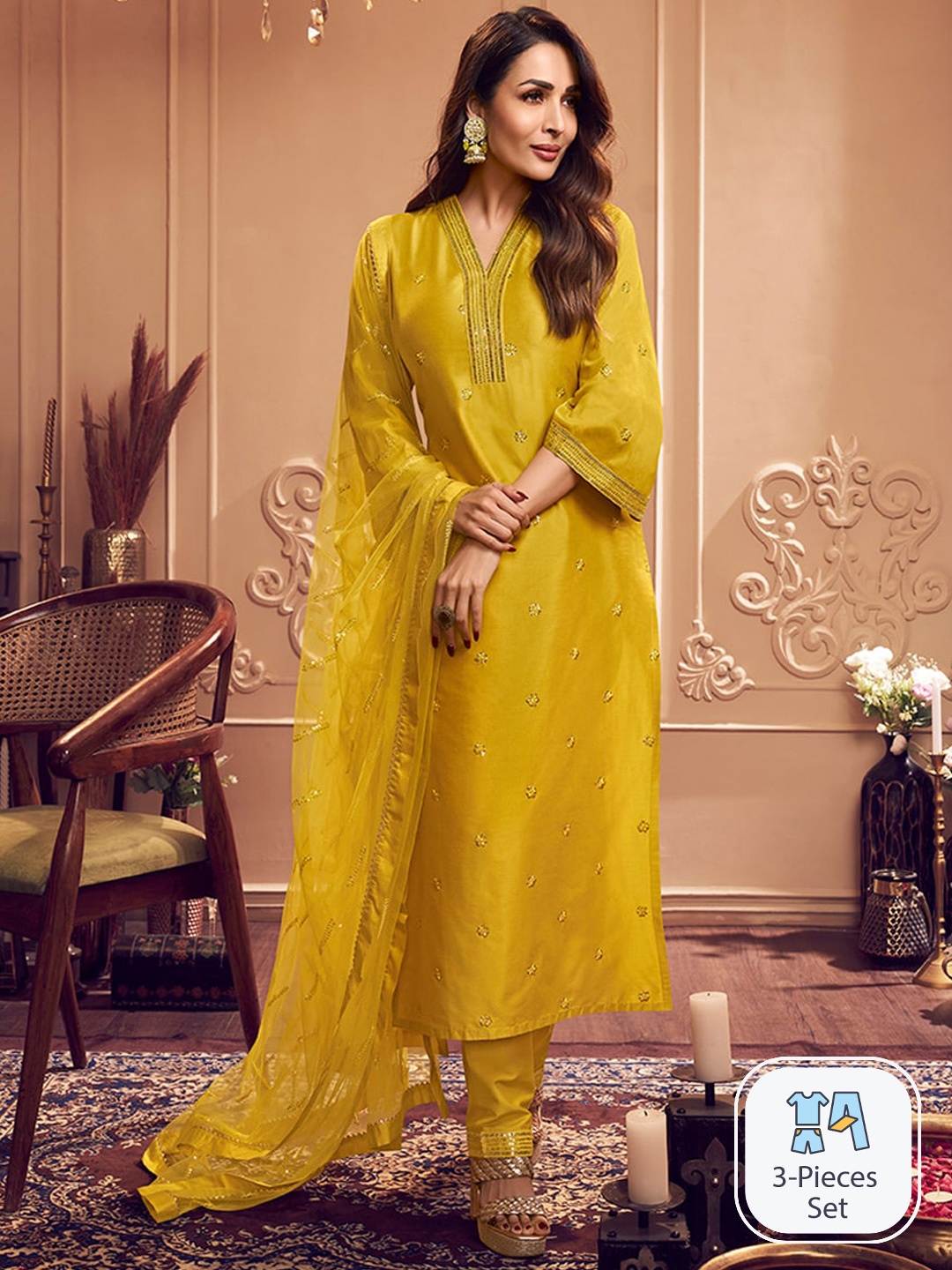 

Inddus Yellow Floral Embroidered Sequined Pure Silk Kurta with Trousers & Dupatta