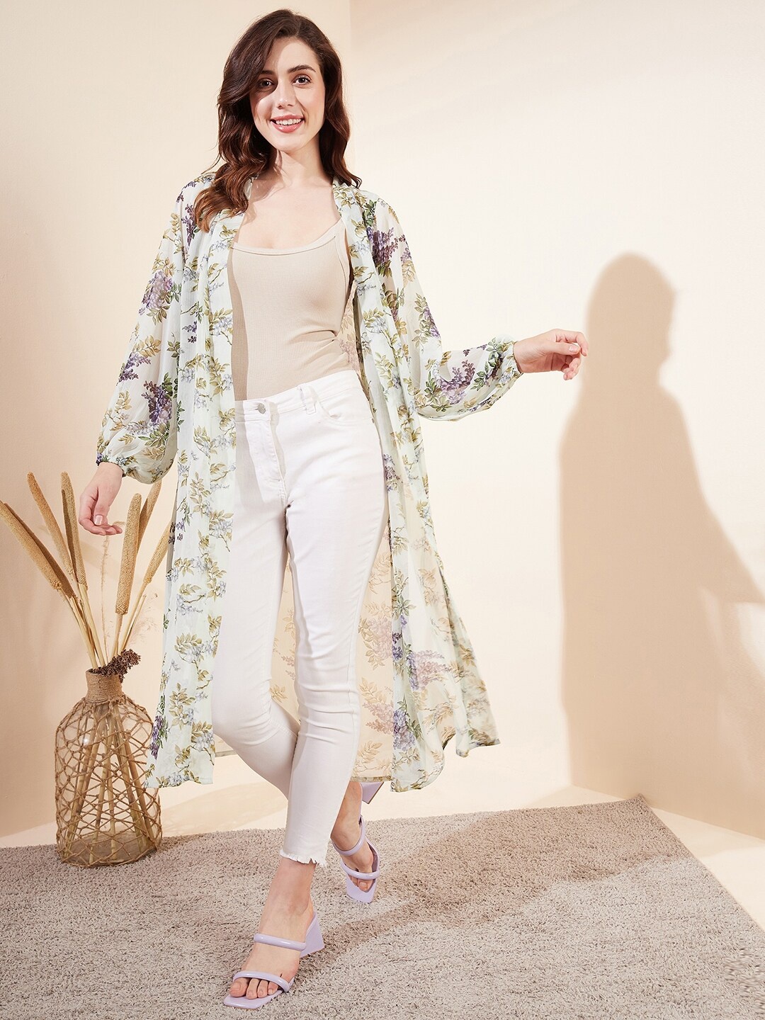 

MAGRE Floral Printed Longline Shrug, Green