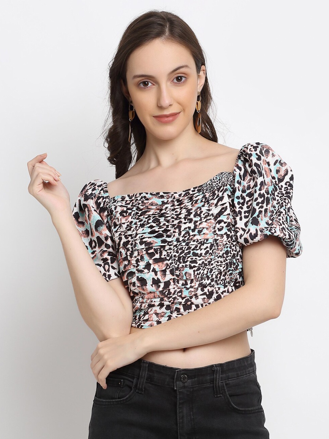 

Stylecast X KPOP Animal Printed Smocked Regular Crop Top, White
