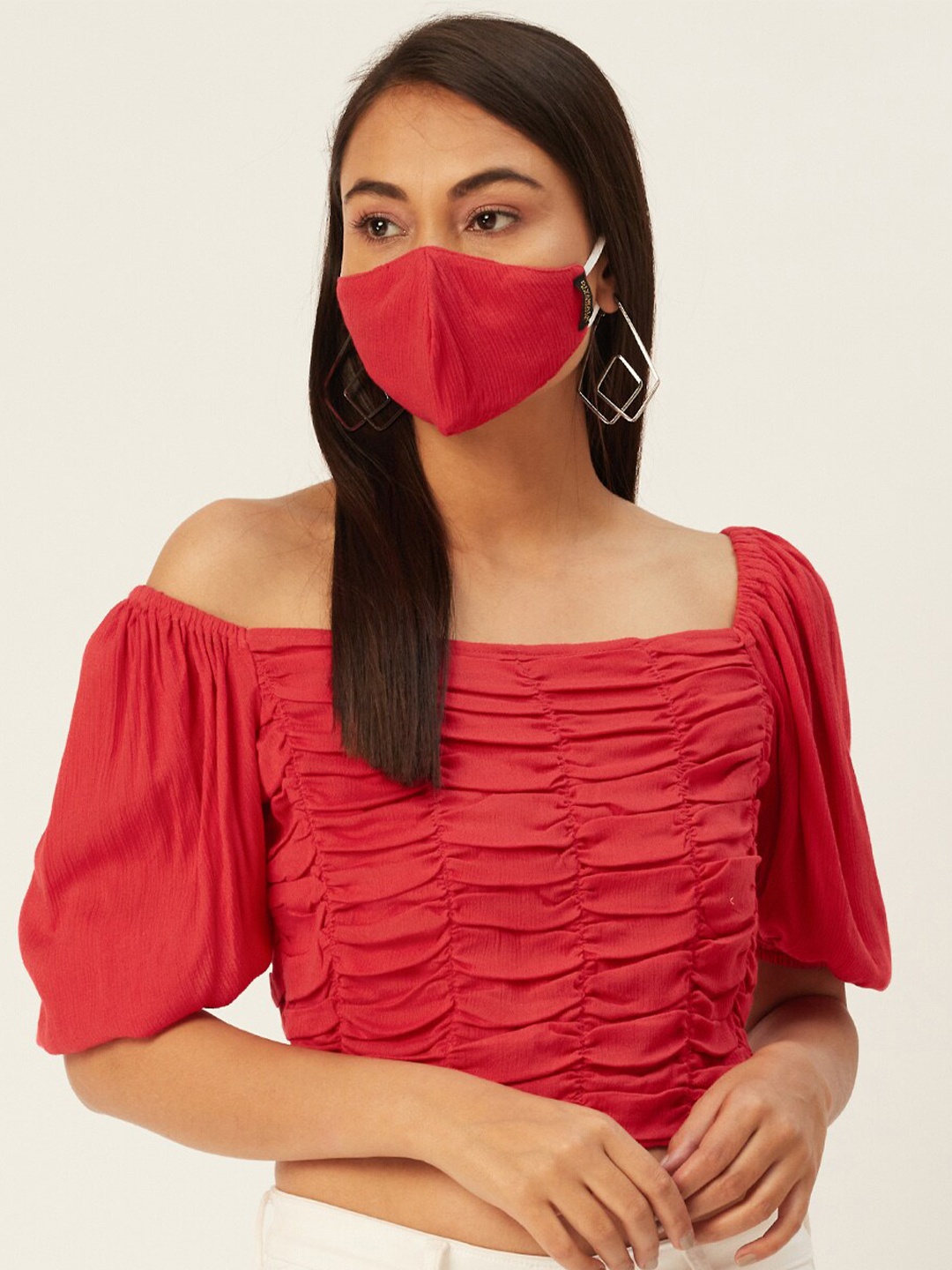 

Stylecast X KPOP Puff Sleeves Regular Crop Top, Red