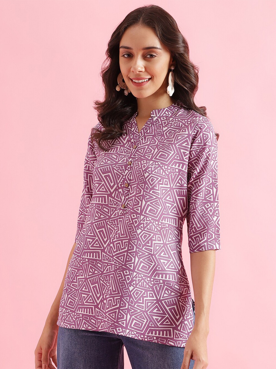 

Colors of Earth Geometric Printed Mandarin Collar Straight Kurti, Lavender