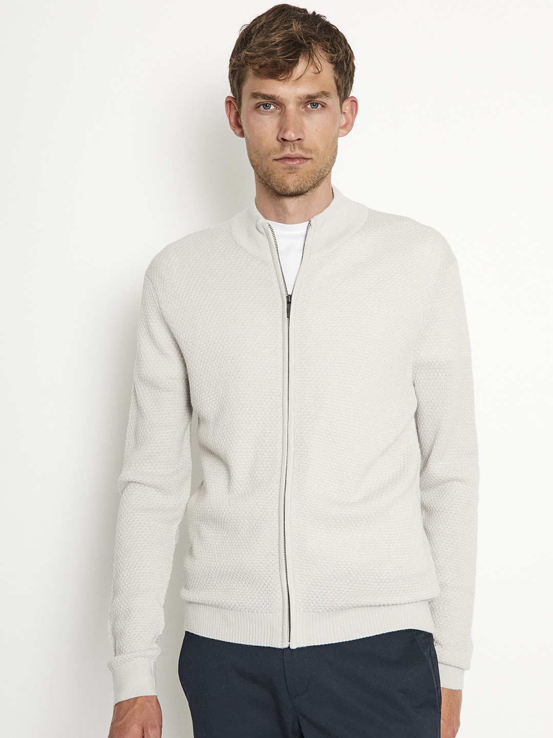 

Bruun & Stengade Cable Knit Self Design Ribbed Acrylic Woollen Cardigan Sweater, Off white