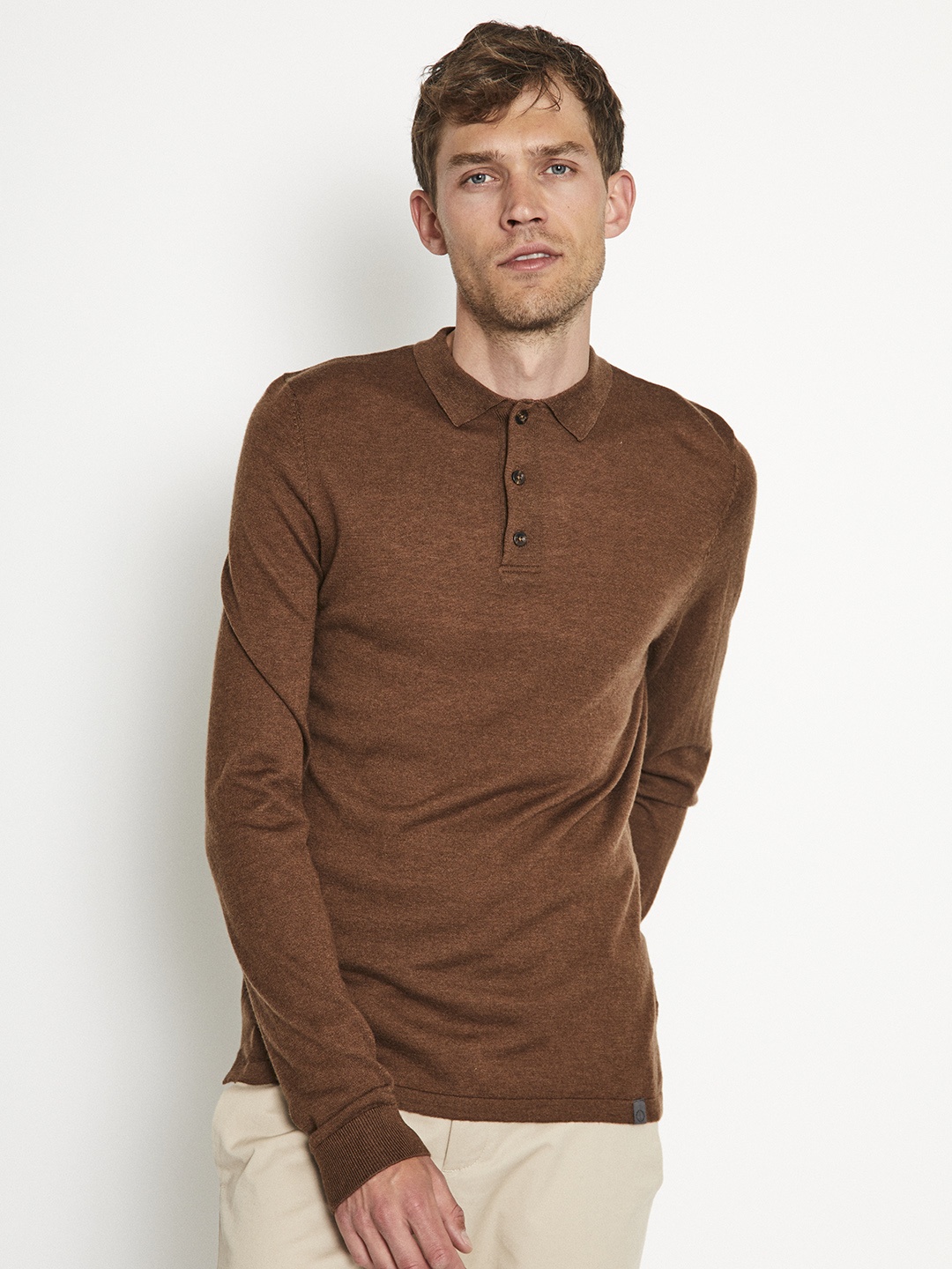 

Bruun & Stengade Long Sleeves Polo Collar Wool Pullover Sweater, Brown