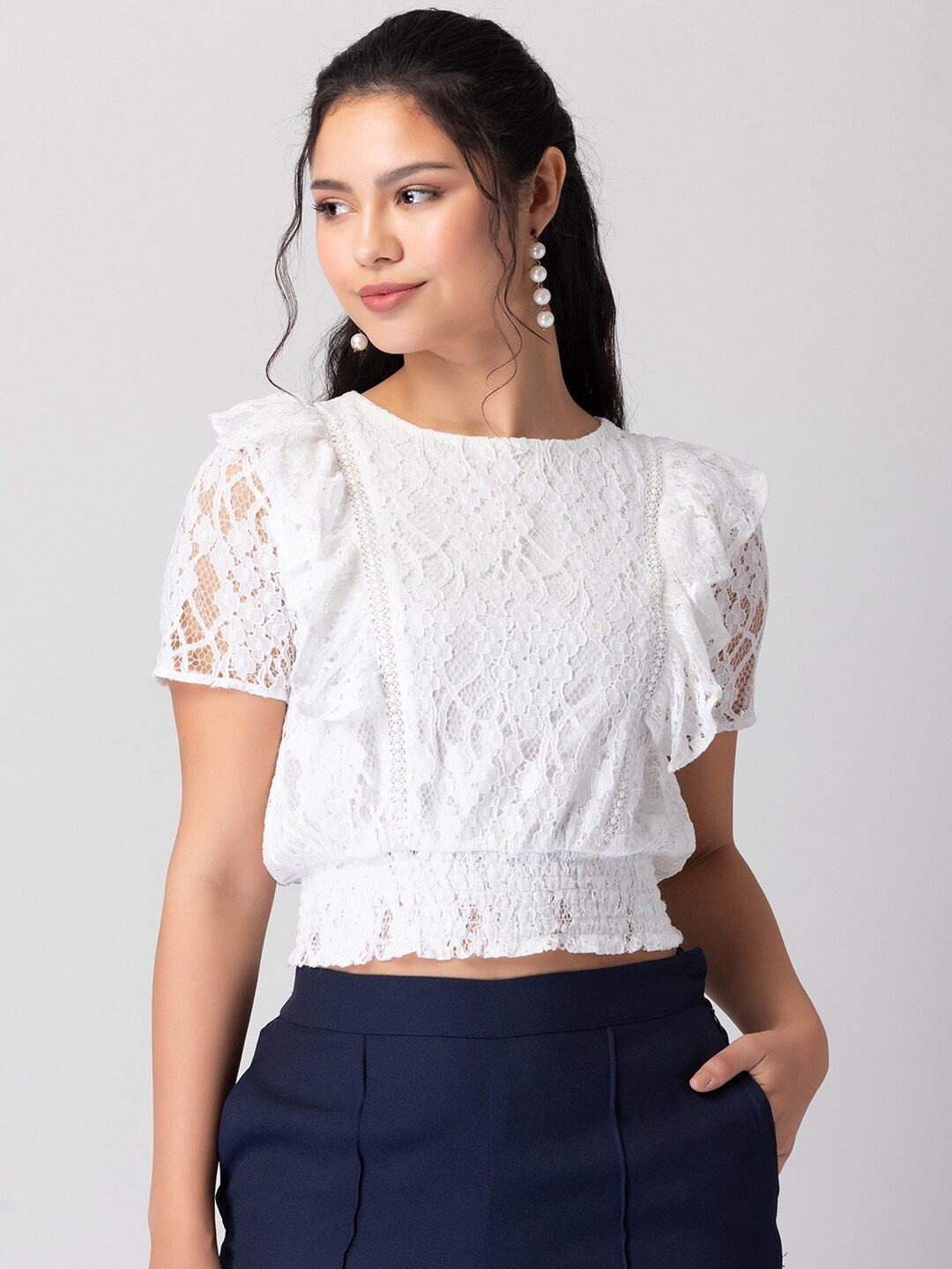 

FabAlley Smocked Waist Ruffled Lace Top, White