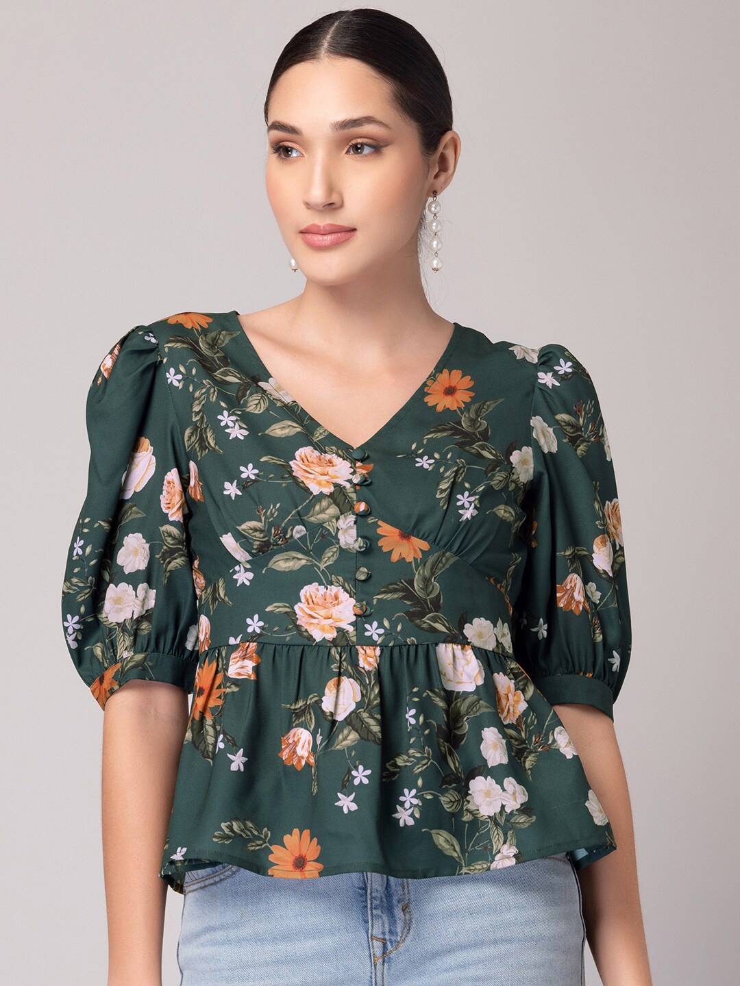 

FabAlley Floral Print Puff Sleeve V-Neck Peplum Top, Green