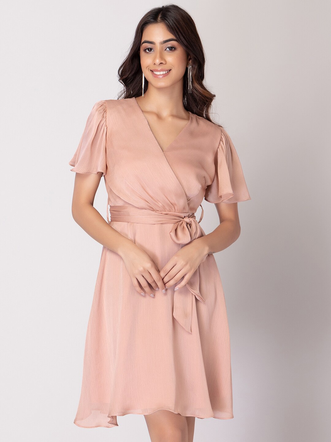 

FabAlley V-Neck Flared Sleeve Tie-Ups Wrap Dress, Pink