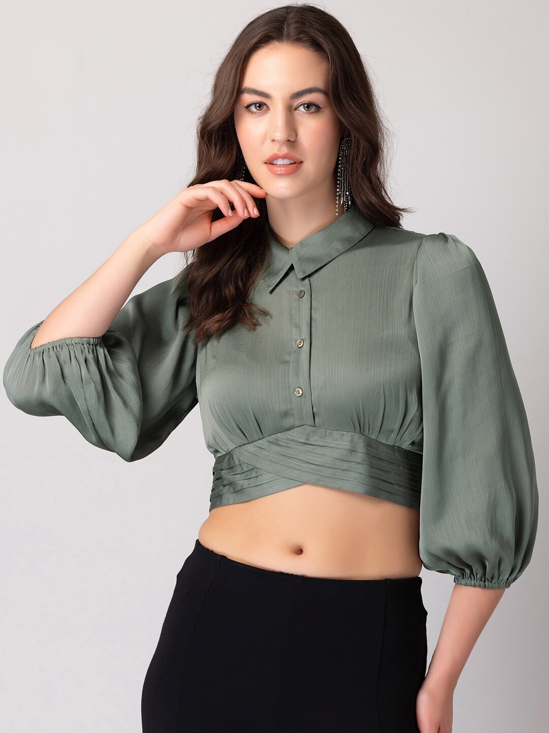 

FabAlley Puff Sleeves Shirt Style Crop Top, Olive