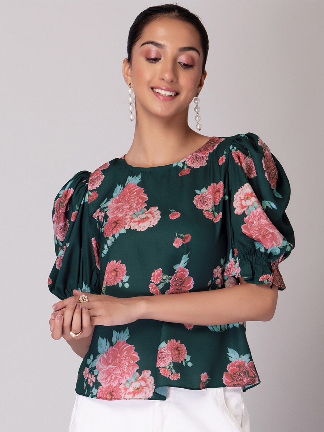 

FabAlley Floral Printed Bell Sleeves Crepe Top, Teal
