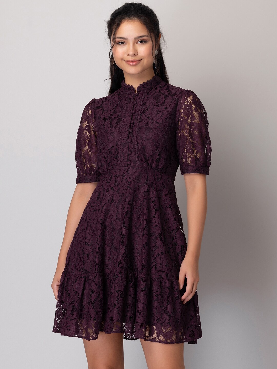 

FabAlley Self Design Mandarin Collar Lace Fit & Flare Dress, Maroon