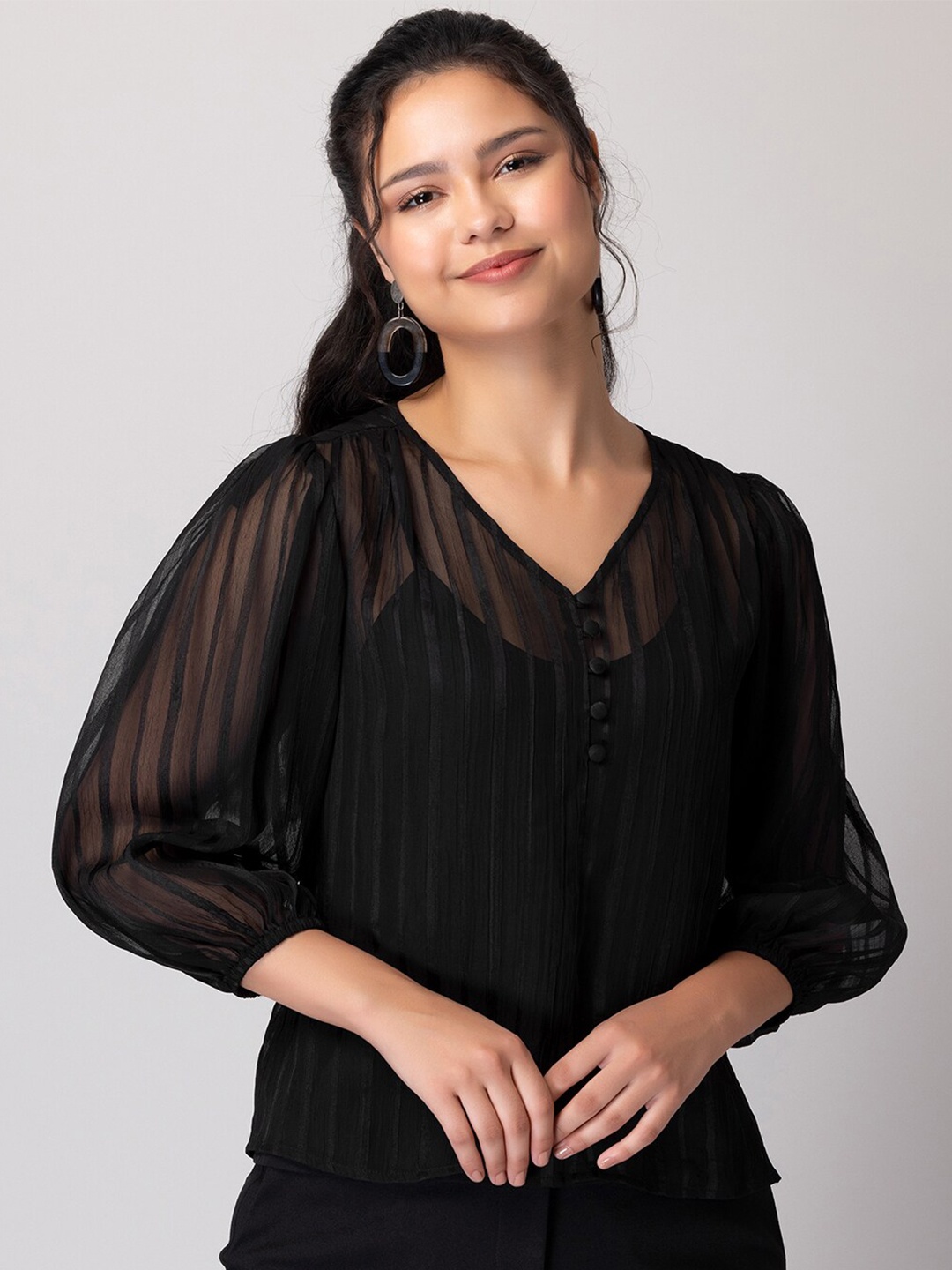 

FabAlley Striped V-Neck Top, Black