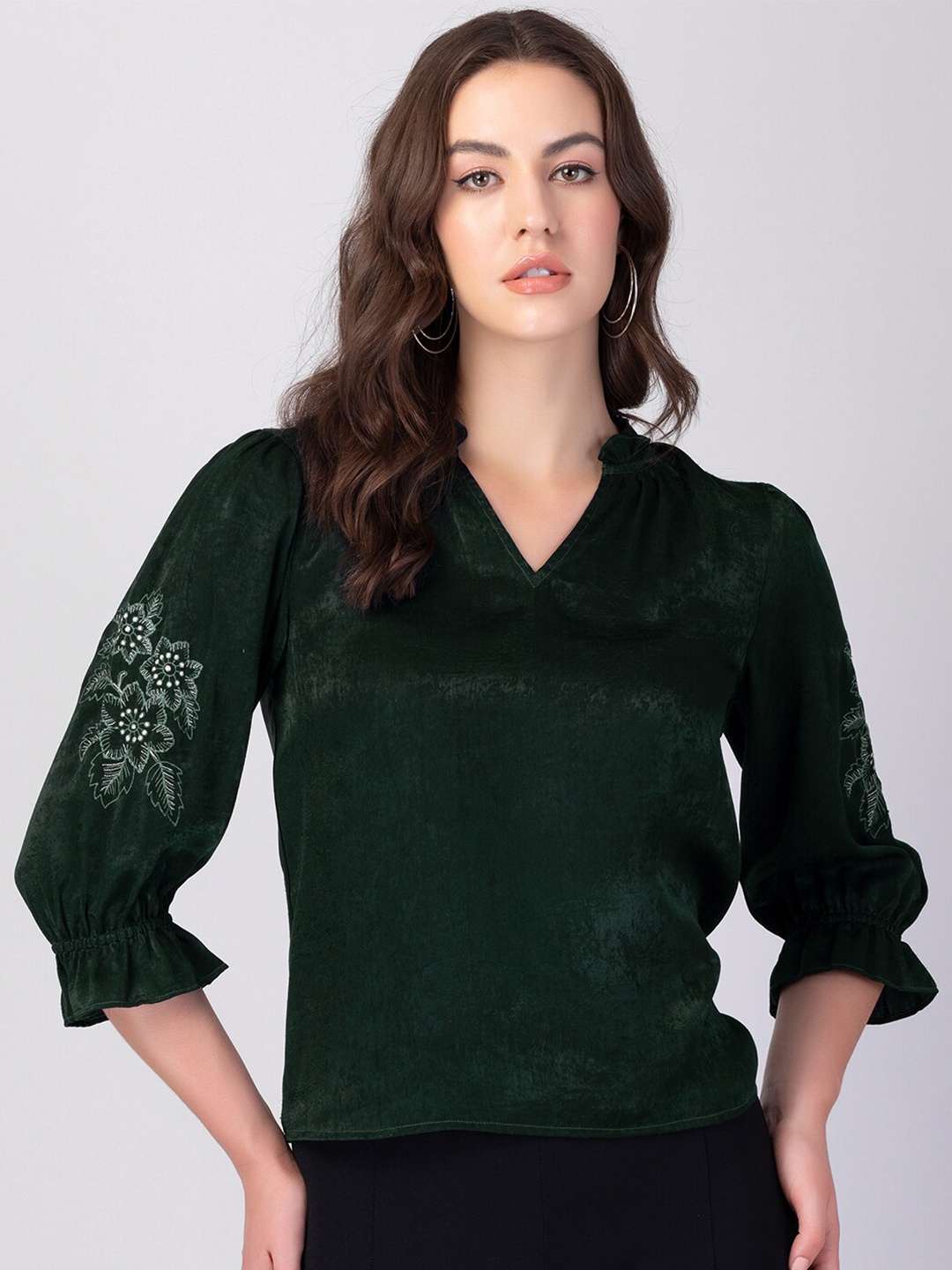 

FabAlley Floral Embroidered V-Neck Top, Green