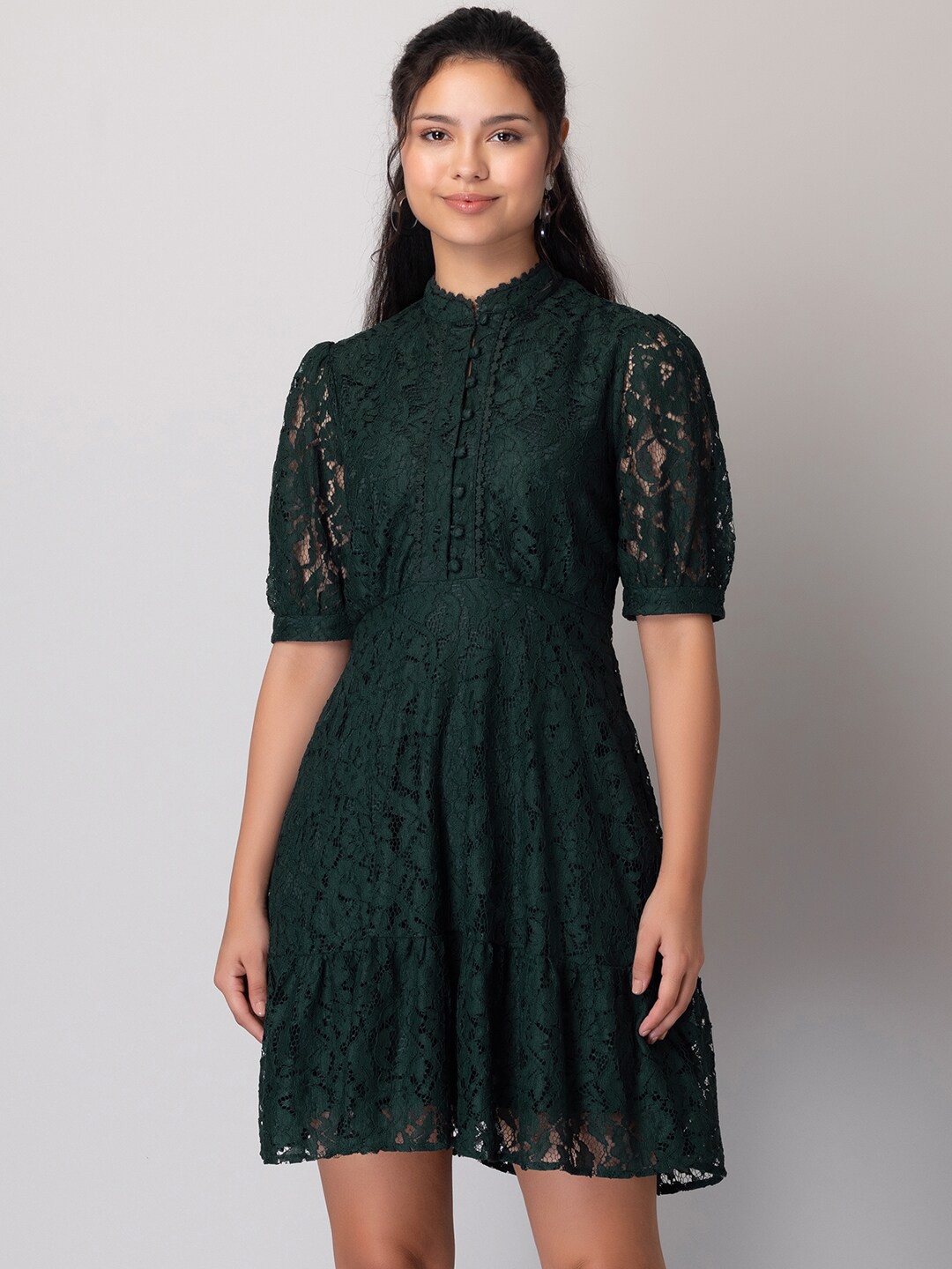 

FabAlley Self Design Mandarin Collar Lace Fit & Flare Dress, Green