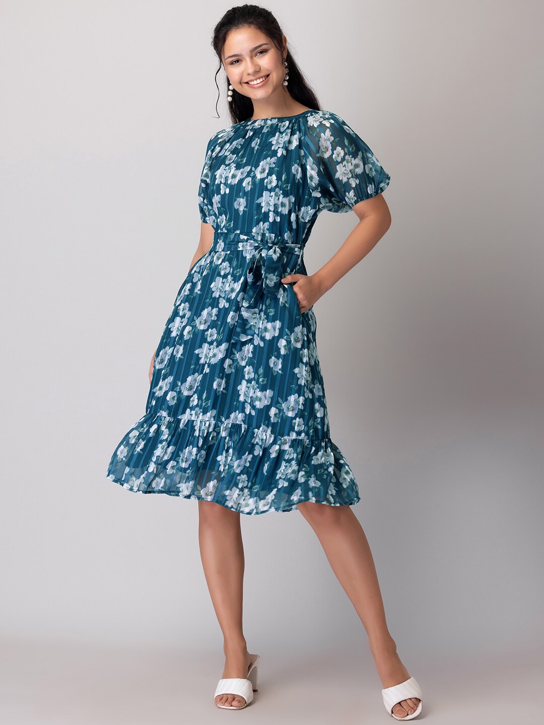 

FabAlley Floral Printed Puffed Sleeves Fit & Flare Dress, Blue