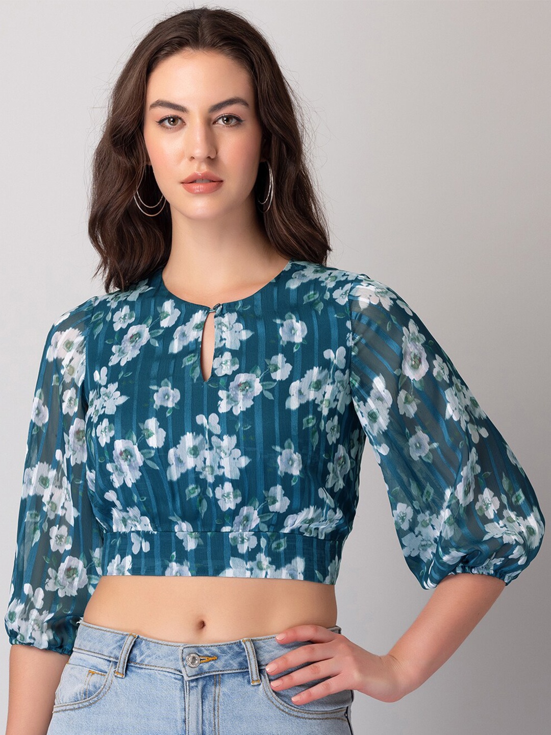 

FabAlley Floral Printed Key Hole Neck Blouson Crop Top, Blue