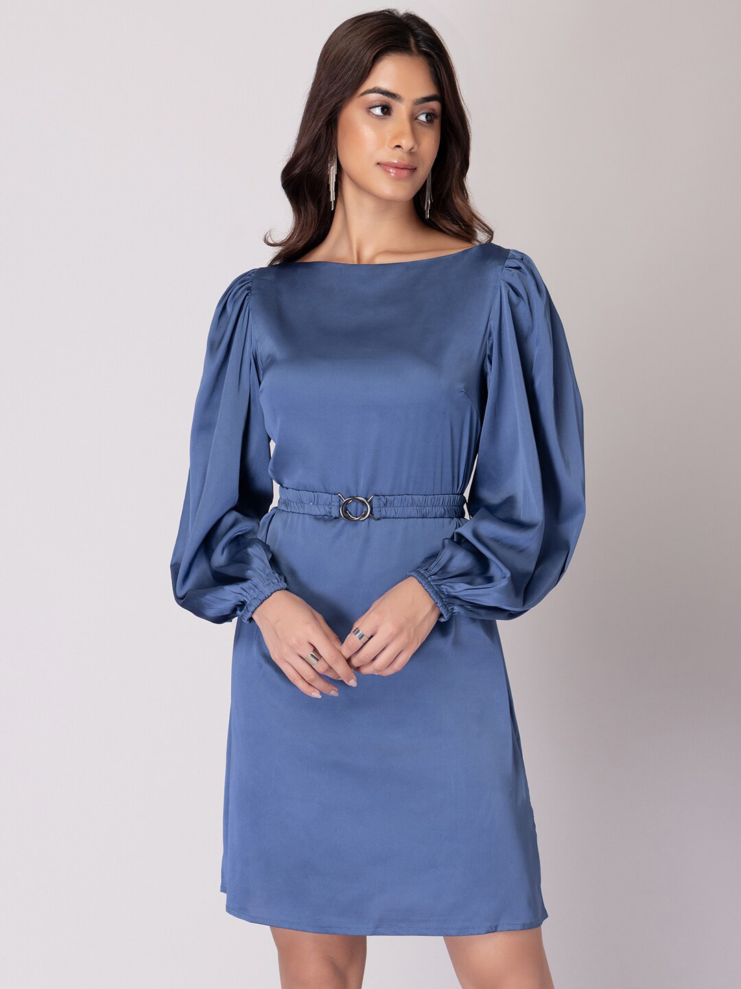 

FabAlley Puffed Sleeves A-line Dress, Blue