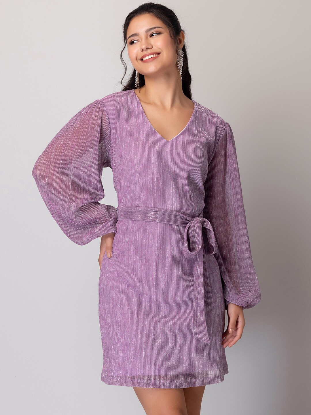

FabAlley Self Design Flared Sleeves A-Line Dress, Purple