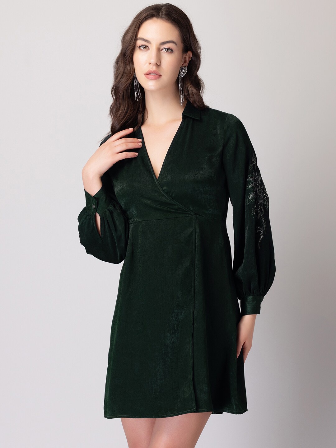 

FabAlley Shirt Collar Cuffed Sleeves Wrap Dress, Green