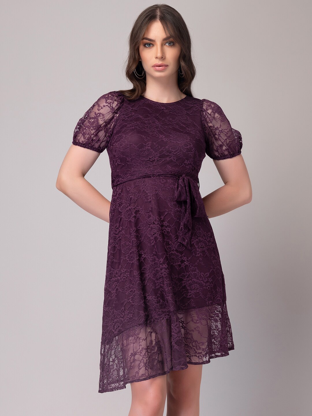 

FabAlley Self Design Lace A-line Dress, Purple
