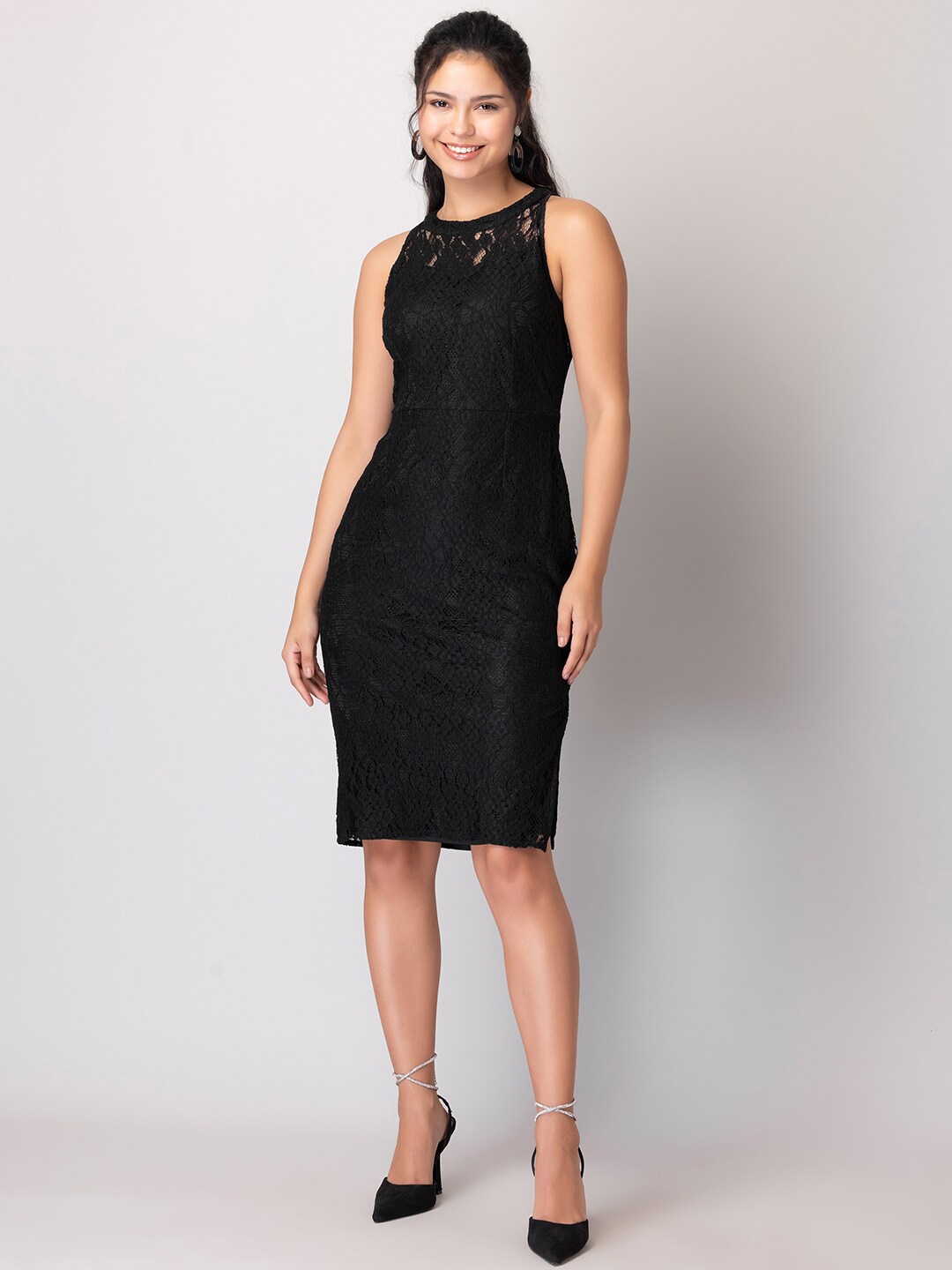 

FabAlley Self Design Lace Inserts Sheath Dress, Black