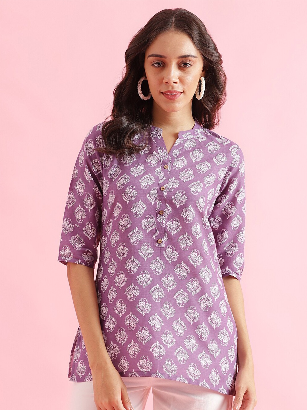 

J Turritopsis Ethnic Motif Printed Mandarin Collar Kurti, Lavender