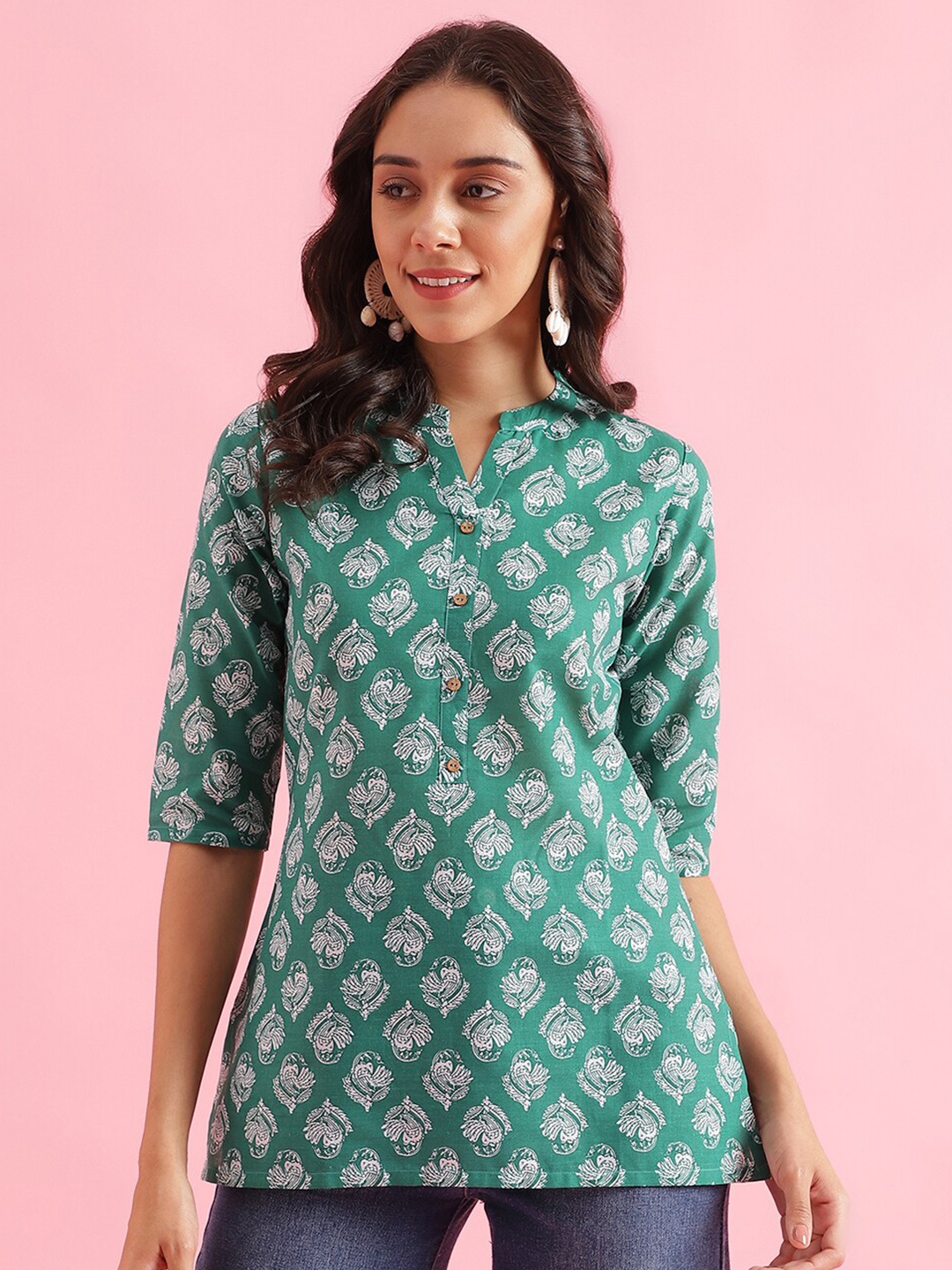 

J Turritopsis Ethnic Motifs Printed Kurti, Green