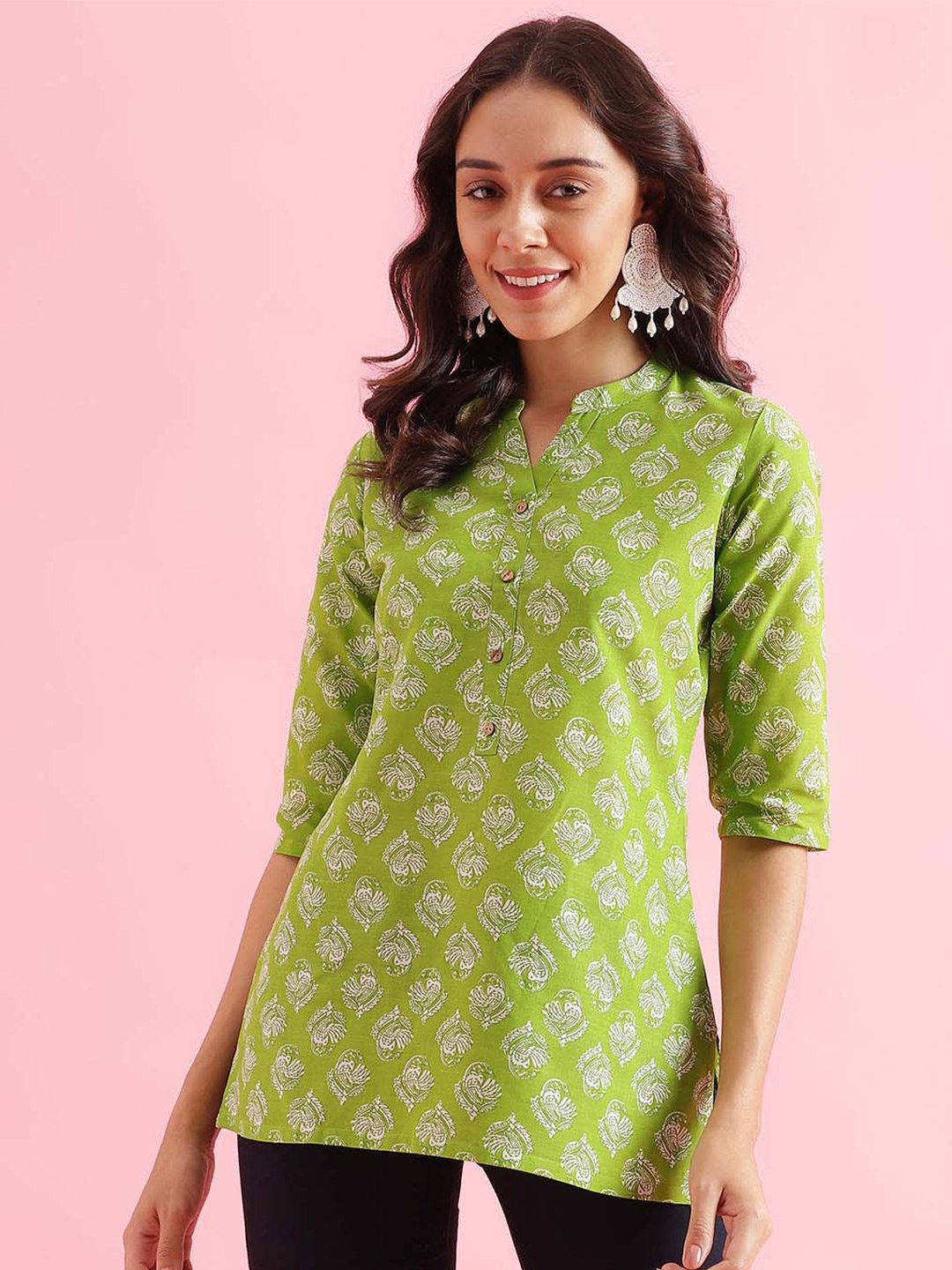 

J Turritopsis Ethnic Motif Printed Mandarin Collar Kurti, Green